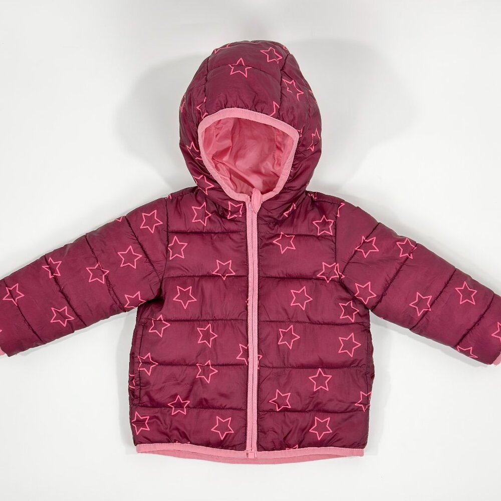 Okie Dokie Girl 18mos Jacket Pink Stars Celestial Quilted Reversible Hood Puffer